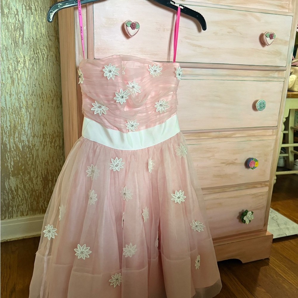 Betsey Johnson Pink Dress with White Waistband and Floral Appliqués